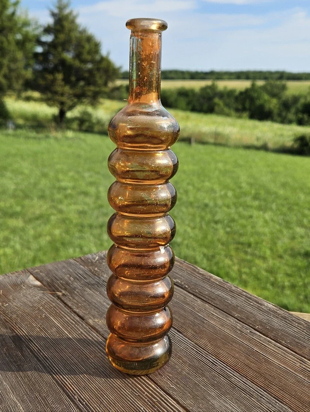 Vintage Amber Bubble Glass Bud Vase Mid Century Modern MCM Ribbed Decorative Bot